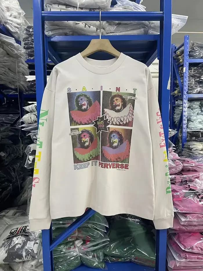 Style de course bleu SAINT à manches longues t-shirt hommes femme Vintage lavé Do Old High Street lettre impression col rond haut