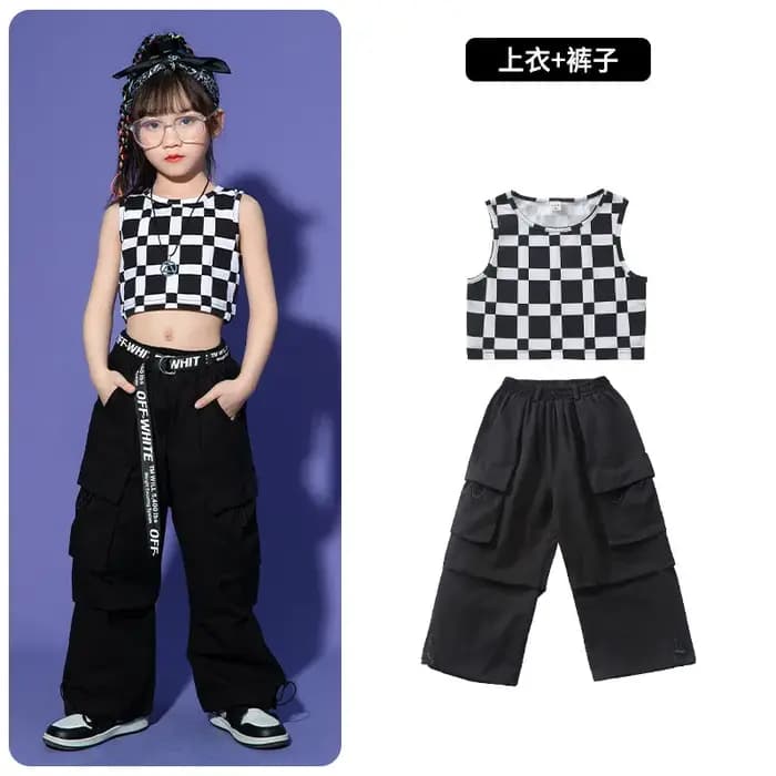 Enfant Kpop Hip Hop vêtements à carreaux débardeur haut court noir décontracté larges poches à rabat pantalon Cargo