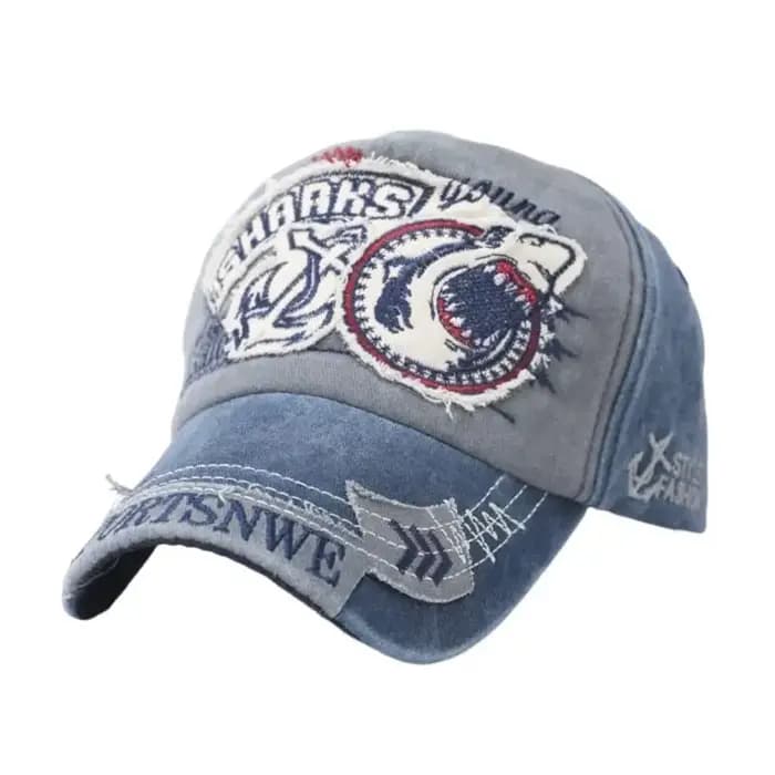 Chapeau Baseball en jean réglable confortable 39BB, broderie requin