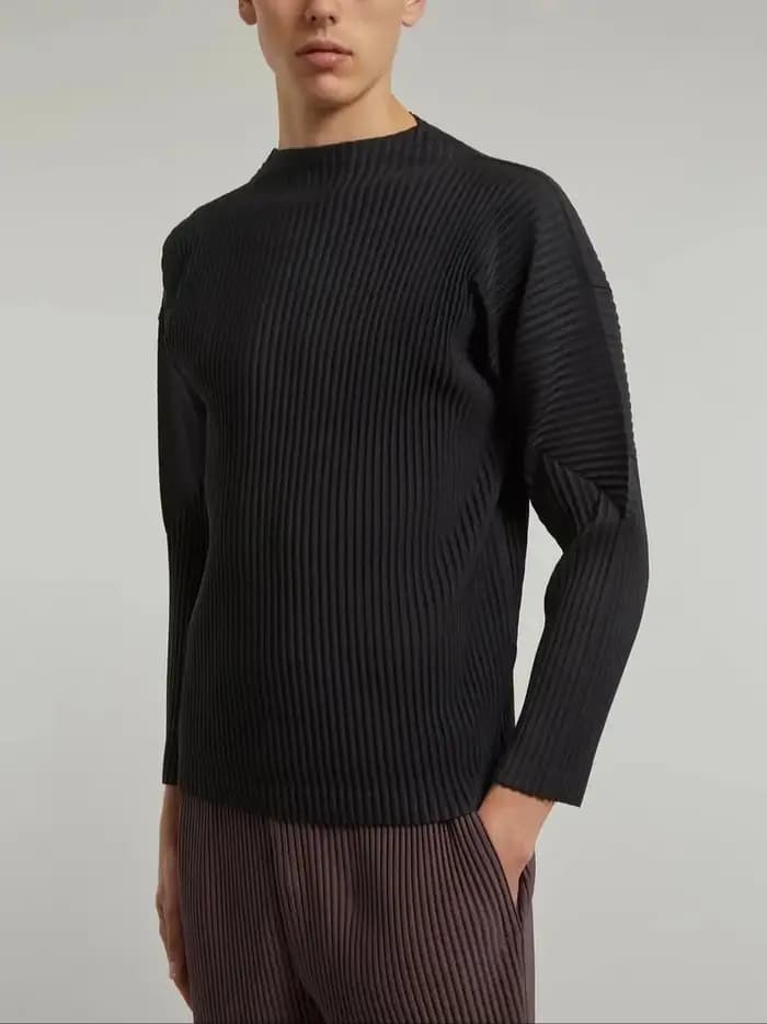 Miyake plissé homme manches longues T-Shirt mode classique noir haut à col roulé
