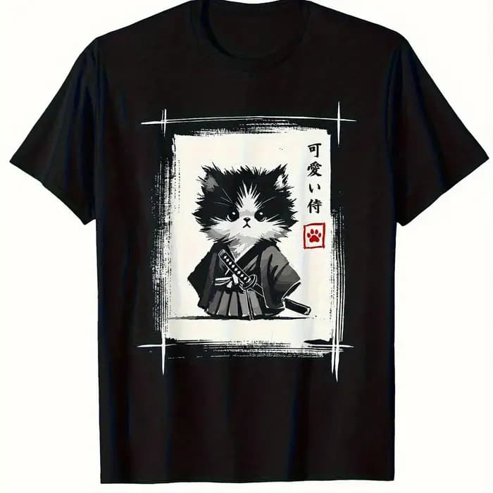 T-shirt imprimé Kawaii Chat Samouraï Art à l'encre japonaise