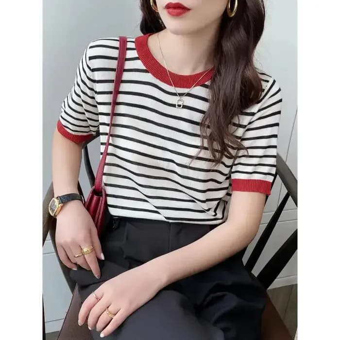 2025 hauts à rayures femmes tricoté col rond été imprimé à manches courtes décontracté Simple sauvage T-Shirt