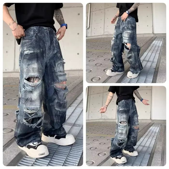 Vintage High Street Vibe hommes ample jambe droite jean délavé conception trou poinçonnage à la mode