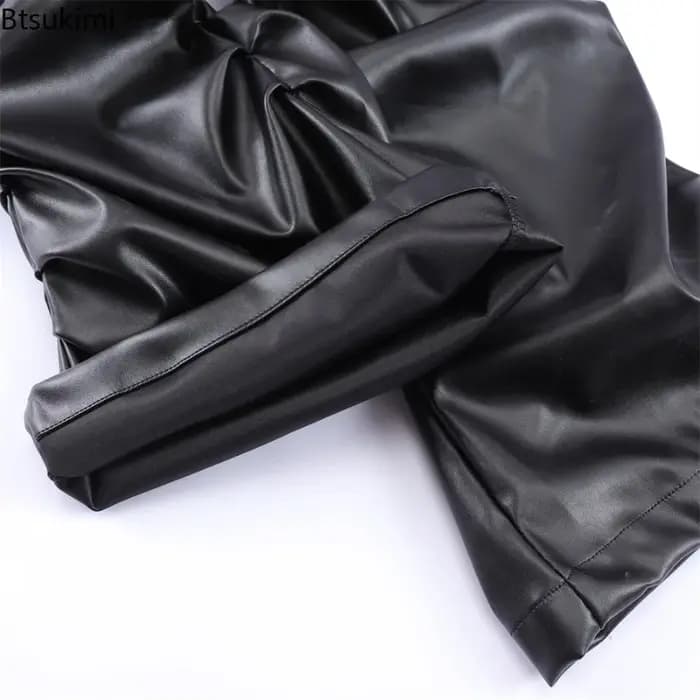 Pantalon en cuir PU plissé noir vintage décontracté pour homme