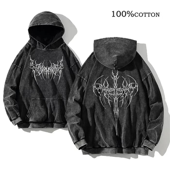 Sweat à capuche pour homme, style gothique, imprimé épines, délavé, coupe ample, 100% coton, style v