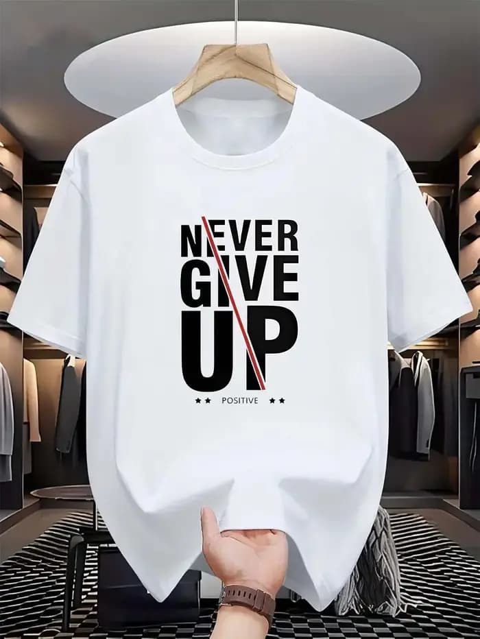 T-shirt pour homme à imprimé monogramme 'Positive' - 'Never Give Up' - Motif graphique tendance - Décontracté - Manches courtes - Haut confortable - T-shirts gothiques