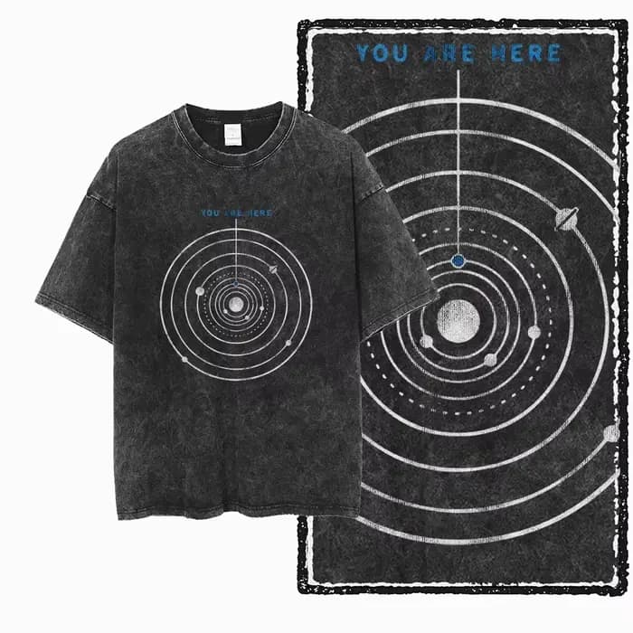 T-shirt unisexe en coton lavé imprimé sur le thème de l'espace