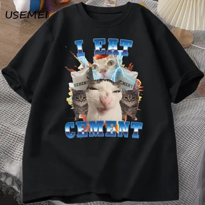 Je mange du ciment drôle chat Meme t-shirt coton à manches courtes stupides chats laides imprimé t-s