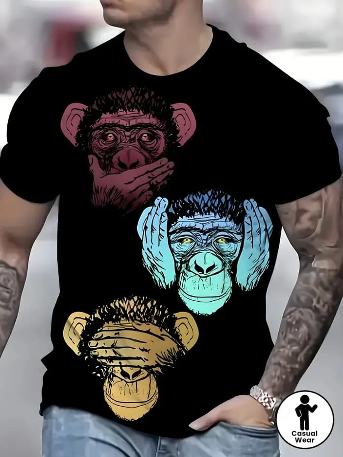 T-shirt imprimé coloré Three Wise Monkeys pour hommes, décontracté, col rond, manches courtes, motif animal amusant, style streetwear