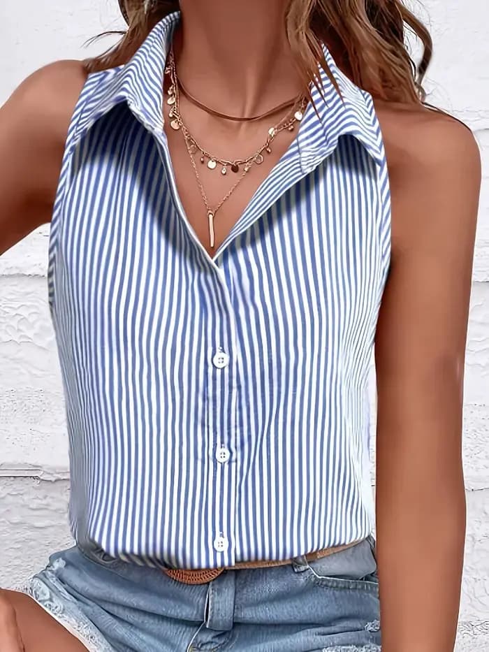 Grande taille 2025 décontracté femmes bleu rayé chemise sans manches surdimensionné respirant femme