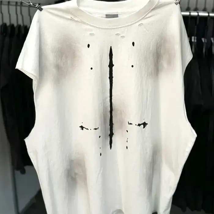 Sans manches Saint réservoir T-shirt hommes femme rétro trou lavé vieux Streetwear bonne qualité surdimensionné haut d'été noir blanc gris