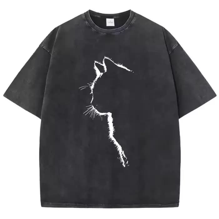 T-shirt vintage délavé 100% coton, t-shirt rétro avec motif de chat, streetwear décontracté pour le