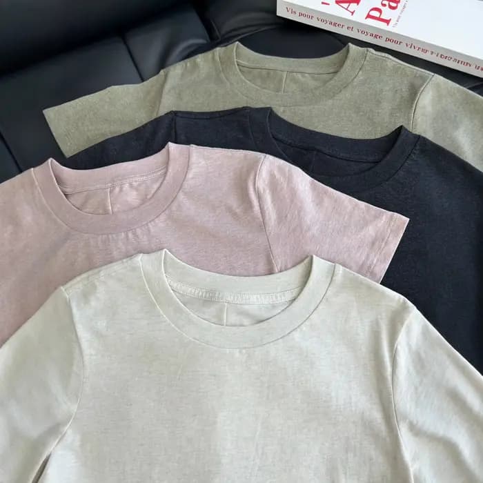 Haut décontracté à manches courtes et col rond pour femme en tissu pur coton biologique tissé uni