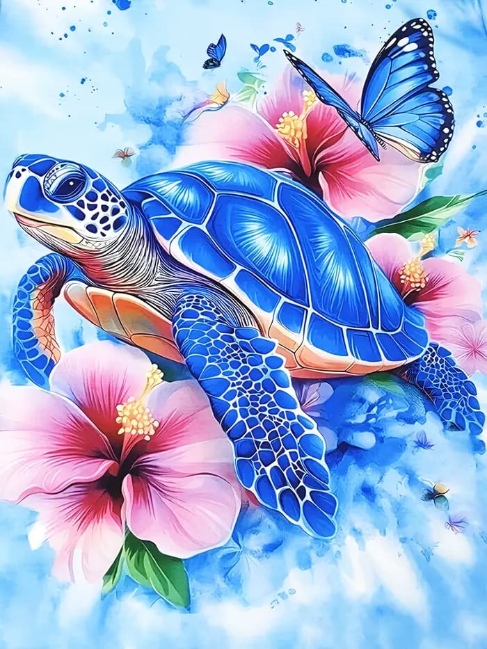 T-shirt pour femme bleu clair - Motif tortue bleue et hibiscus