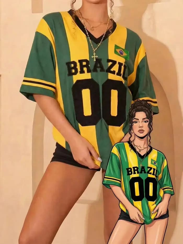 T-shirt ample à rayures vertes et jaunes style Y2K Brésilien
