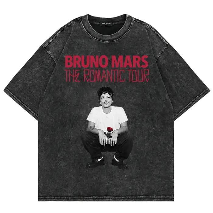 T-shirt 100% coton vintage lavé Bruno Mars The Romantic Tour 2026 Mode Homme/Femme Rétro Surdimensionné Décontracté