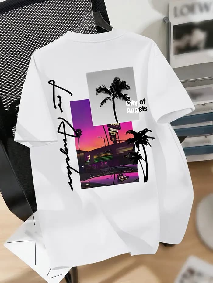 T-shirt graphique Palm Tree City of Angels de Los Angeles pour hommes, respirant, 100% coton, parfai