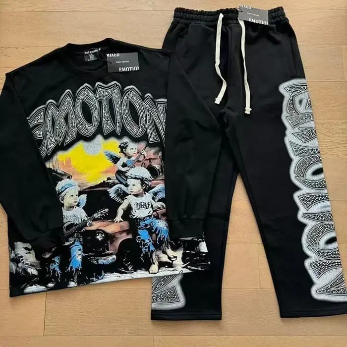 Mixed Emotion Clothing American Streetwear Tracksuit Angel Print Hot Diamond Trendy Sportswear Casual Pants