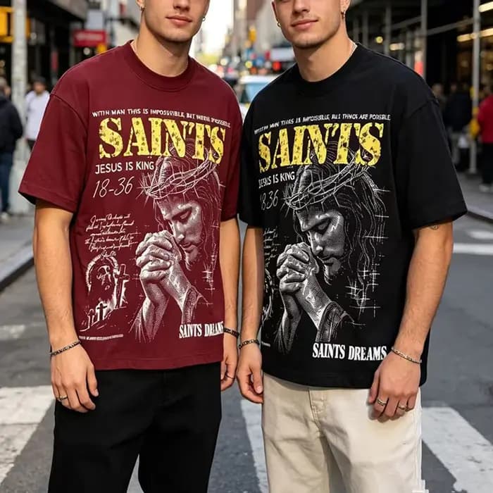 T-shirt Streetwear Homme Femme Vintage Rouge Noir avec Graphiques Thème Jésus Épineux