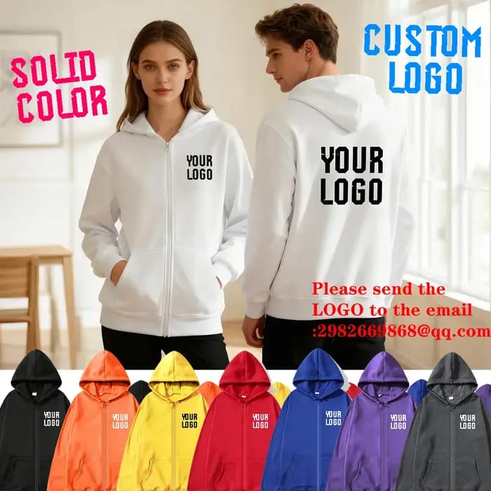 Sweat à capuche zippé de couleur unie | Veste à motif de texte personnalisable | unisexe