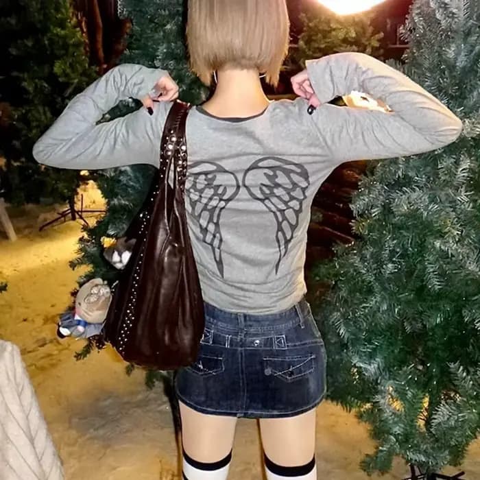 Karrram japonais Y2k barbe imprimé T-shirt Vintage Harajuku à manches longues gris