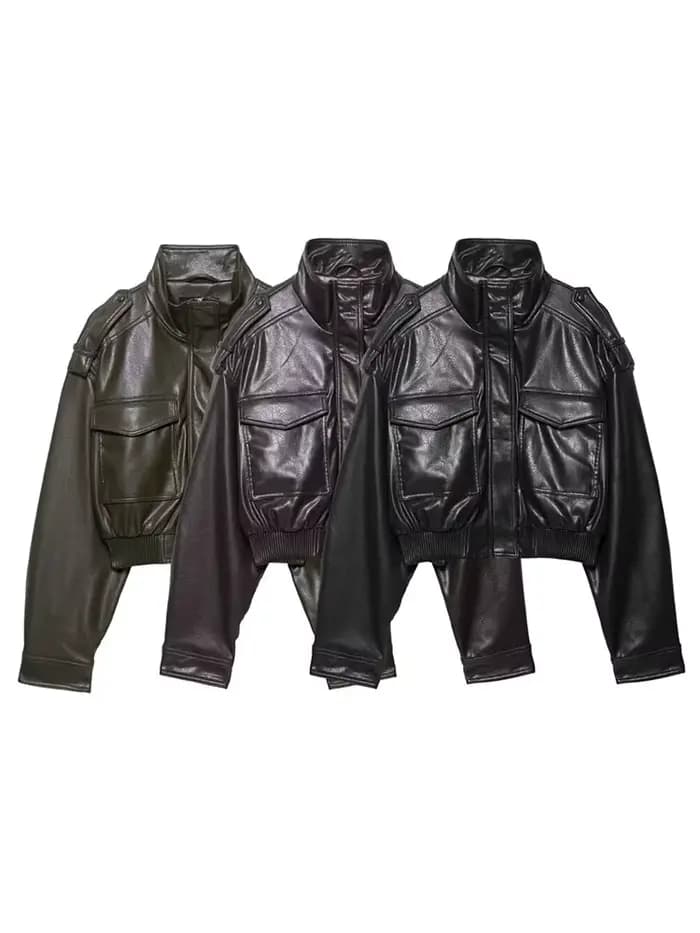 HH femmes Faux cuir recadrée veste vintage Bomber vestes avec poches à manches longues manteaux ferm