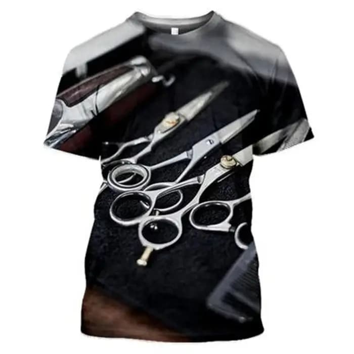 T-shirt de travail de barbier pour hommes, manches courtes, col rond, t-shirts College en 3D, peigne