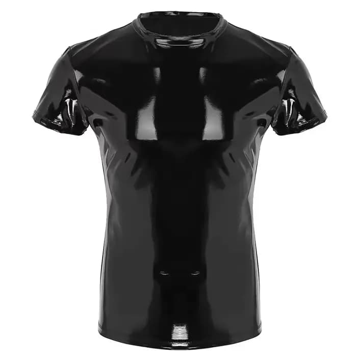 Rouge hommes Wetlook hauts Punk mode brillant PVC vêtements Faux cuir homme T-Shirt soirée Clubwear
