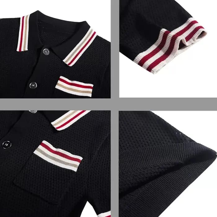 Polo en tricot pour homme à manches courtes, col ouvert, avec rayures contrastées, respirant, en fibre de bambou, style décontracté streetwear
