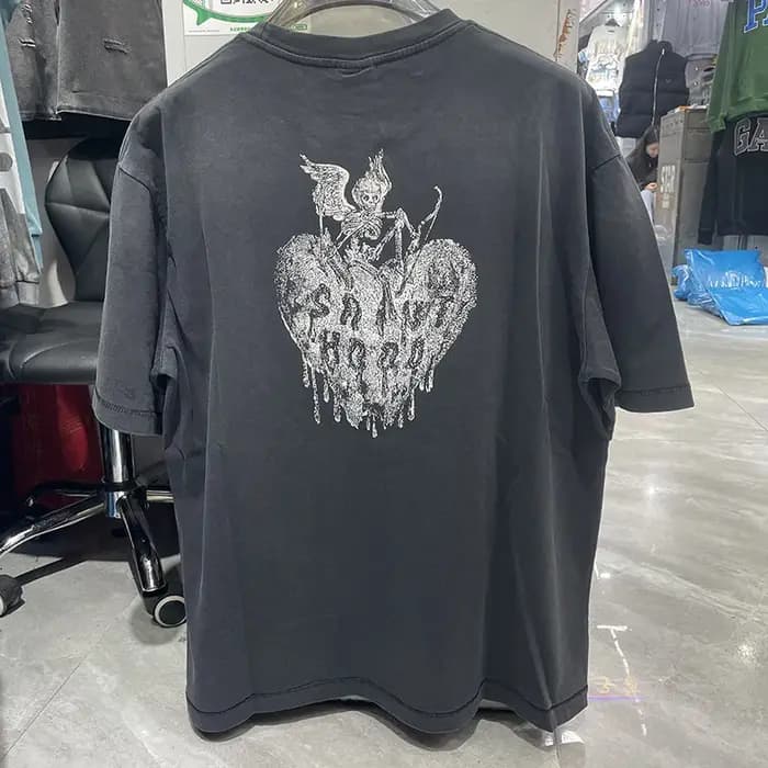 Vintage lavé noir Streetwear Saint capuche T-Shirt hommes femmes surdimensionné ange crâne amour imprimé Splash-encre