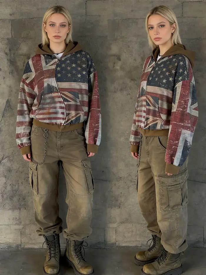 2026 Nouveau Femmes Zipper À Capuche Rétro Drapeau Imprimé