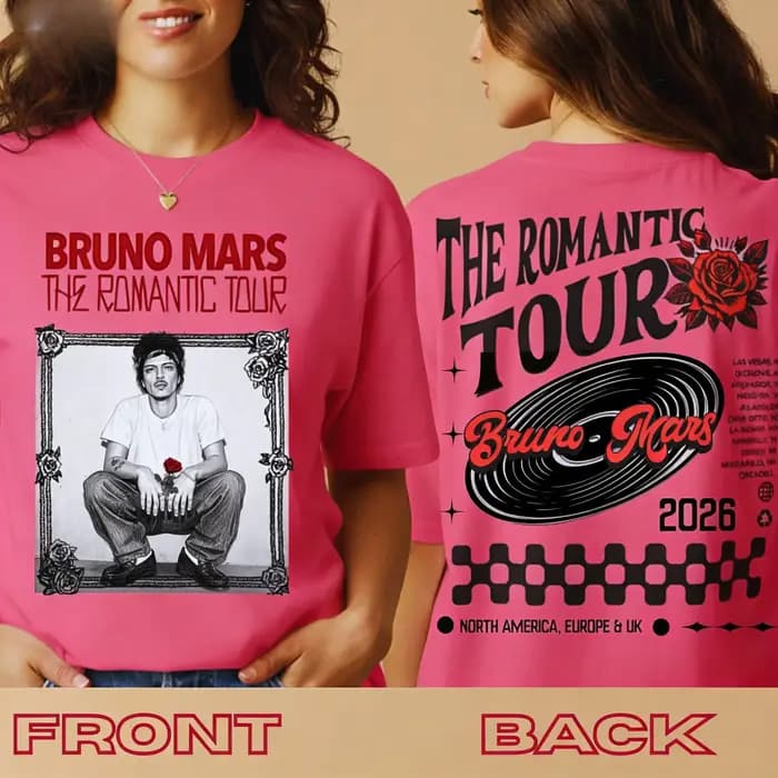 T-shirt de la tournée romantique de Bruno Mars 2026, date de la tournée sur le dos, t-shirt en coton