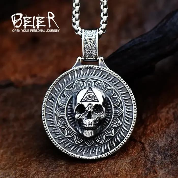 Collier pendentif tête de mort 3D en acier inoxydable pour hommes