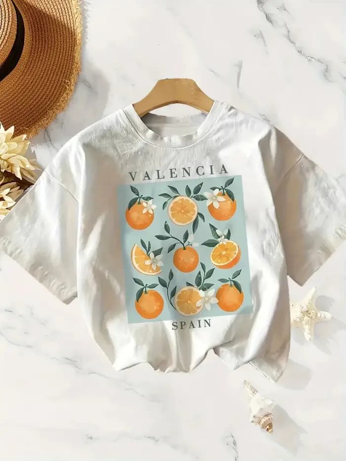 Orange imprimé femmes à manches courtes col rond t-shirt mode vêtements d'été Valencia espagne graphique
