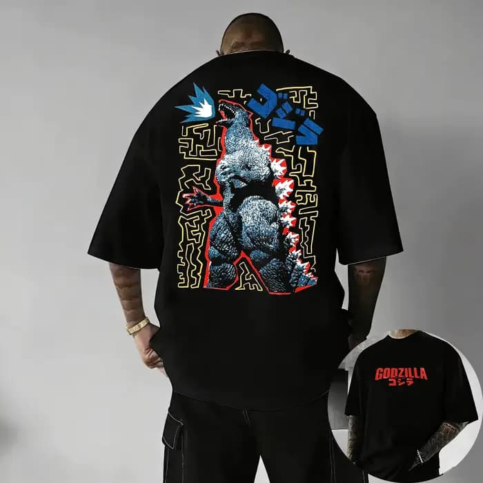 T-Shirt à manches courtes en coton imprimé Godzilla Vintage