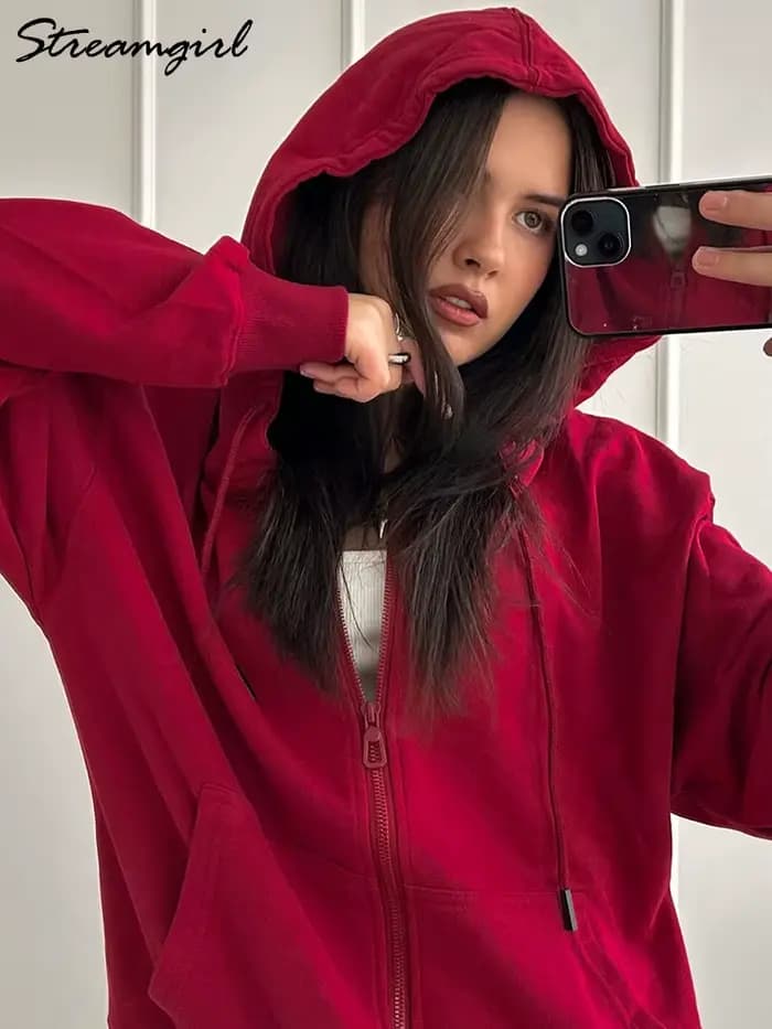 Sweat à capuche surdimensionné à fermeture éclair pour femme