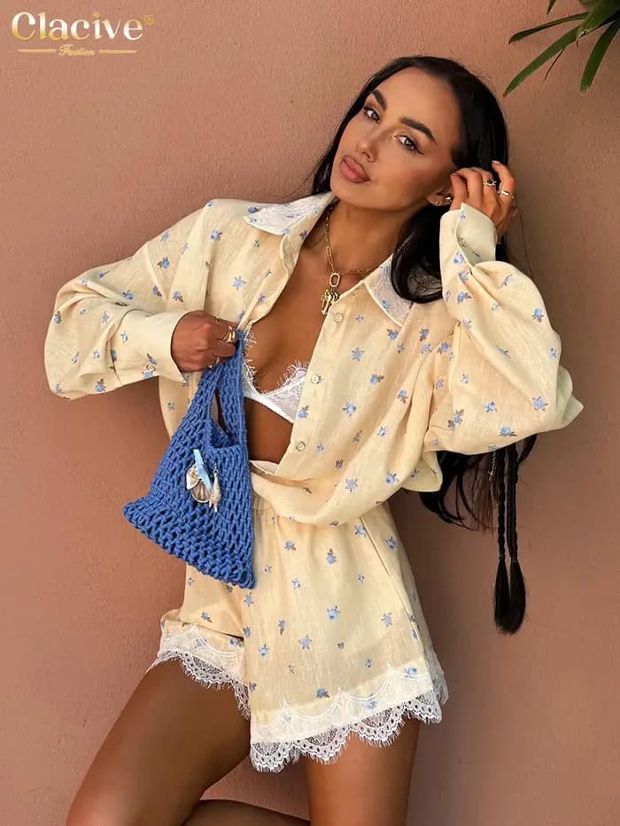 Ensemble 2 pièces imprimé ample Clacive Fashion pour femme – Chemise élégante à manches longues et short taille haute – Vêtements féminins Streetwear