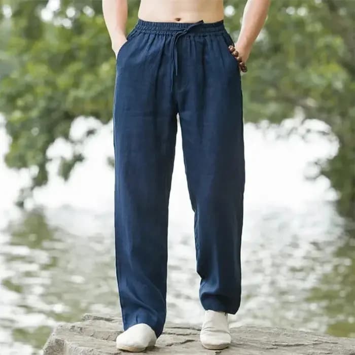Nouveau pantalon de plage bleu pour homme 2026 – Joggers streetwear en coton et lin