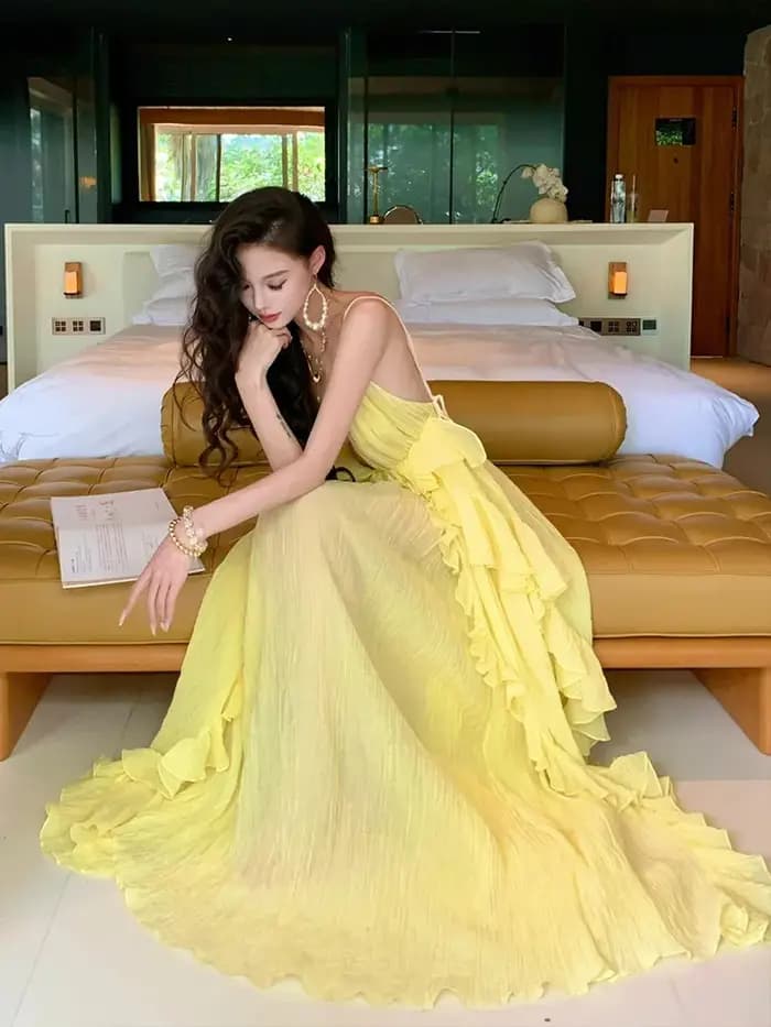 Clothland – robe mi-longue jaune sexy à volants pour femmes