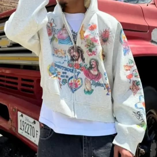 2025 rue vêtements de sport motif rétro sweat à capuche imprimé tempérament ample hommes