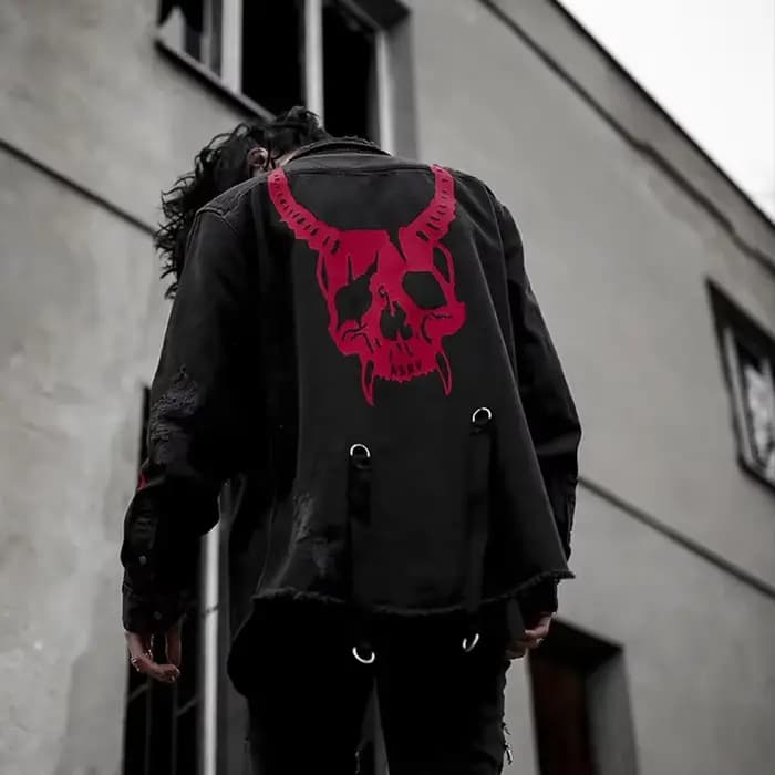Harajuku gothique démon chasseur crâne noir Denim veste hommes Rock Punk métal lourd sweat Sudadera bretelles trou Streetwear