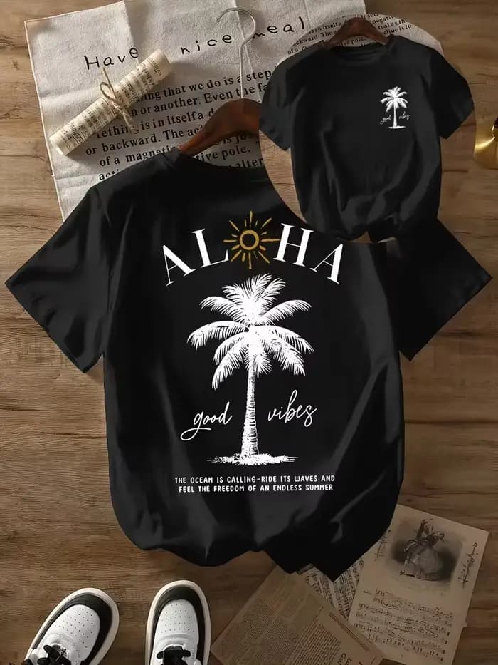 T-shirt imprimé palmiers Aloha Good Vibes