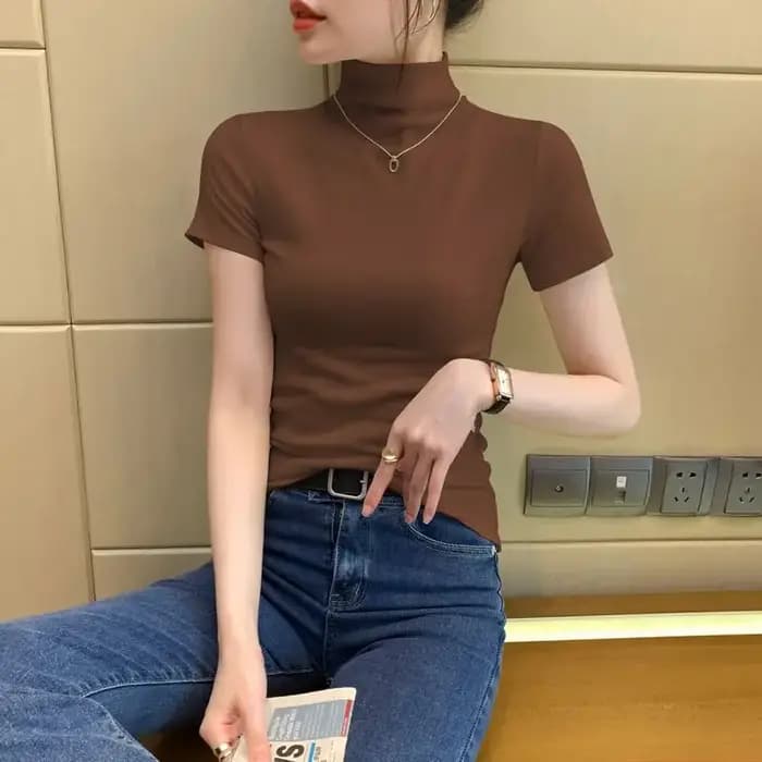 Nouveau 2025 été nouveauté bleu col roulé T-Shirt pour femmes à manches courtes décontracté haut ajusté polyvalent mode