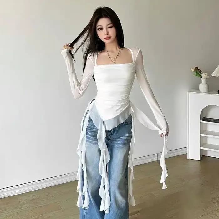 Streetwear années 90 Grunge maille voir à travers hauts à capuche Cyber Y2K ourlet irrégulier volants