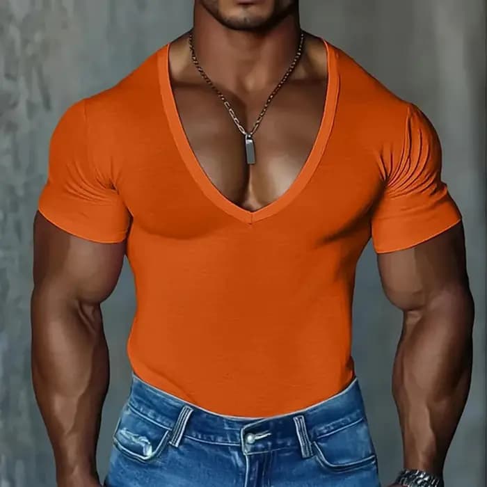 Vintage col en V t-shirts pour hommes été à la mode coupe ajustée Stretch à manches courtes T-shirt hommes quotidien décontracté couleur unie respirant T-shirt