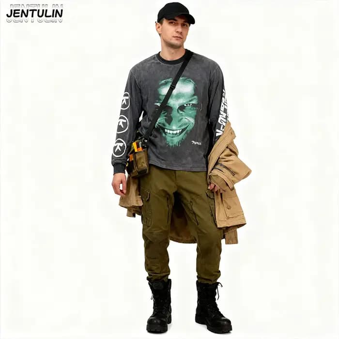 Hommes vêtements noir Aphex Twin Goth lavé vieux décontracté Vintage bande Punk Rock surdimensionné graphiques à