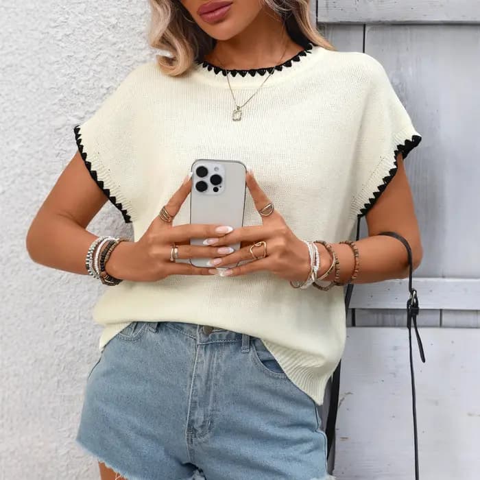 Nouvelle collection été 2026 – Pull en crochet à col rond et manches courtes pour femme