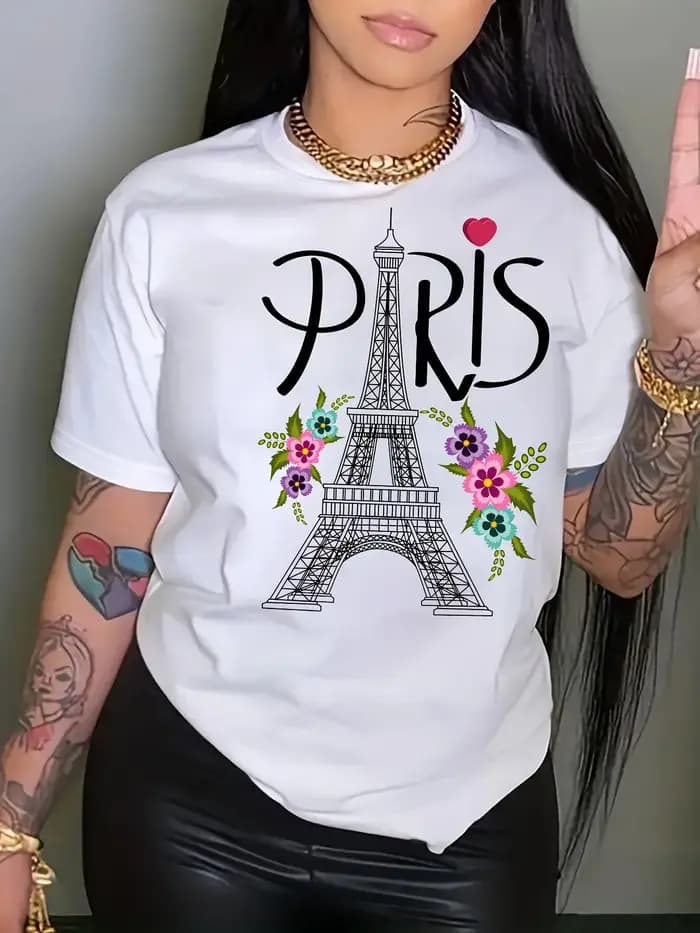 Paris Tour Eiffel imprimé col rond t-shirt style décontracté pour l'été printemps femmes vêtements esthétiques