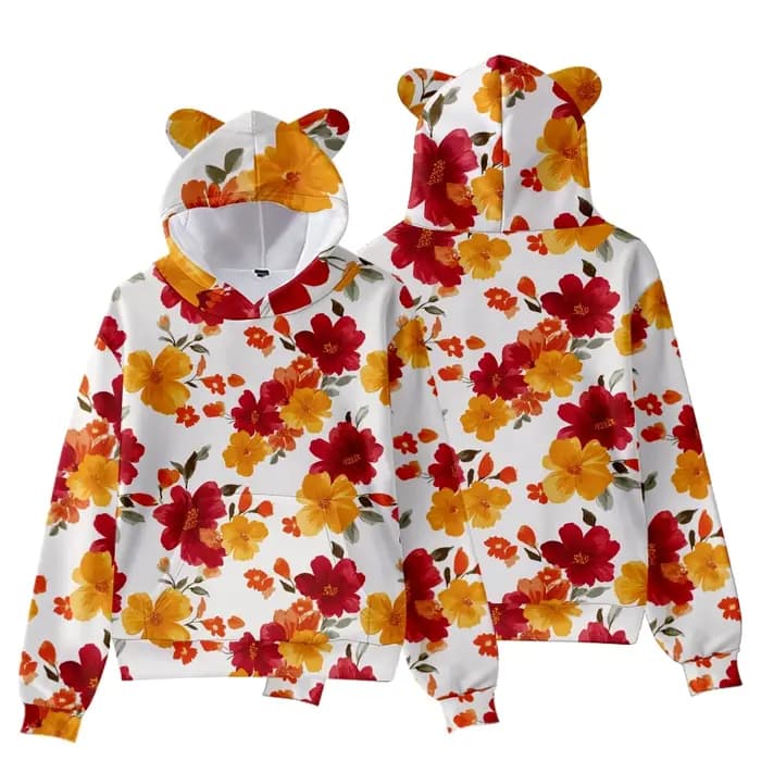 Sweat à capuche imprimé Hibiscus avec oreilles d'ours pour femme