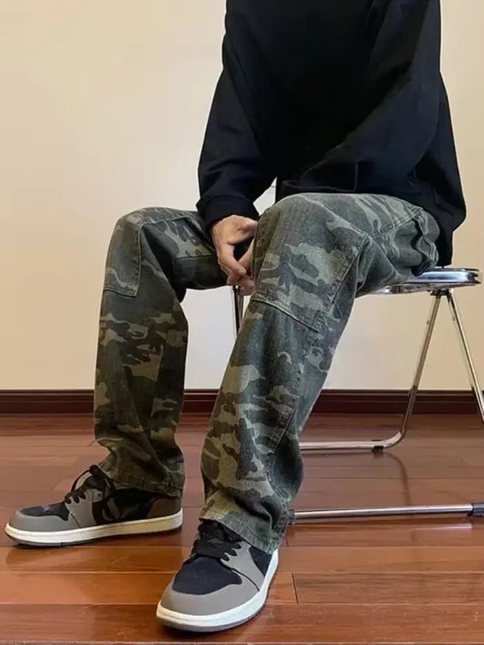 Jean pour hommes épissé Cargo homme Cowboy pantalon Camouflage pantalon Punk droit Xs Y 2k Vintage nouveau dans rétro 2025 tendance Baggy